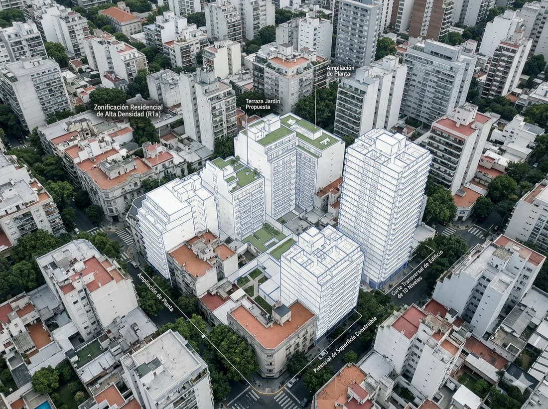 Vista aérea de barrio residencial en Buenos Aires con superposición de potencial constructivo — evaluación de lote para desarrollo inmobiliario